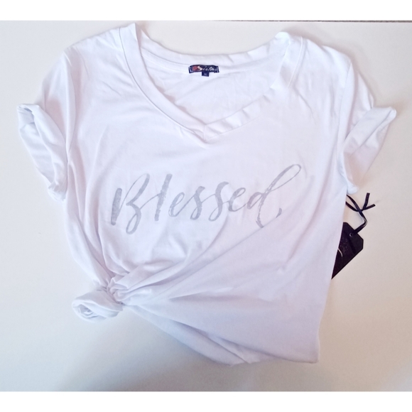 Splash Sista White V Neck Short Sleeve BLESSED T Shirt - Picture 1 of 1